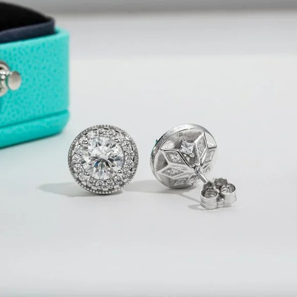 Certified 2.4 ct. t.w.Moissanite Diamond Halo Stud Earrings NEW